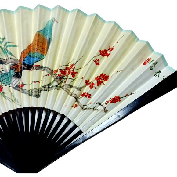 Chinese Folding Hand Fan Dove Floral CAAC VTG Decor 🕊️🌸 - Picture 9 of 16